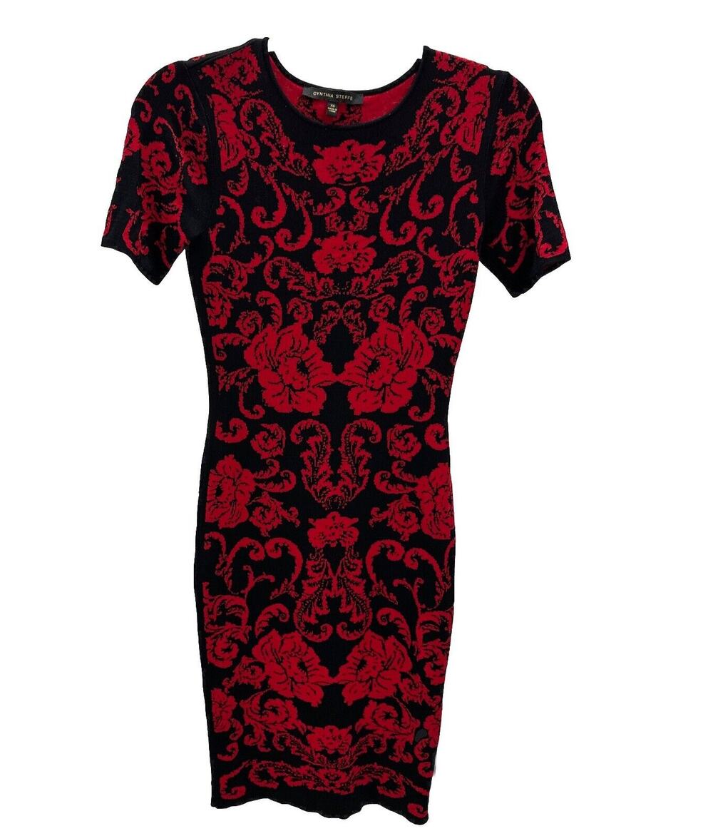 Cynthia Steffe Womens Black Red Floral Knit Sweater Dress XS Short Sleeve Party
